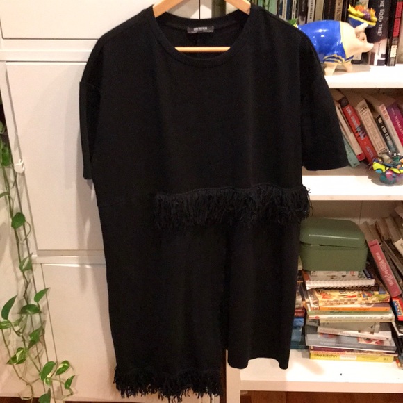 Zara Trafaluc Asymmetrical Fringe Black Sweatshirt Dress (Size L) - Picture 6 of 13